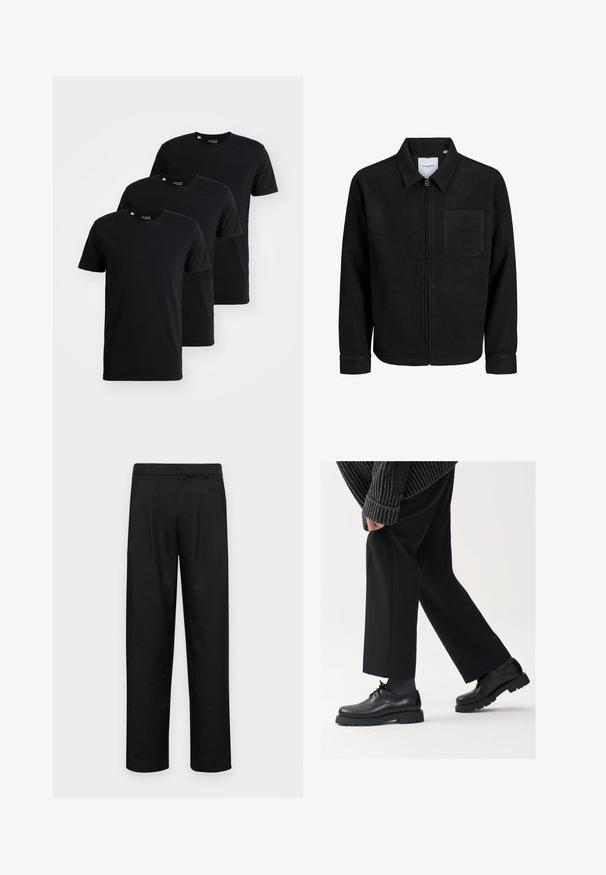 Melna jaka ar rāvējslēdzēju un apkakli, vienu krūšu kabatu, parādīta uz baltas fona.; Trīs melni kokvilnas T-krekli parādīti sakrautā kārtībā. Katram ir apaļš kakls un īsas piedurknes ar gludu tekstūru.; Melnas bikses, izgatavotas no gludas auduma, ar taisnu kāju dizainu, divām priekšējām krokām un standarta jostu, kurai ir āķi.; Melni ādas apavi ar noapaļotu purngalu, aukliņu dizainu un biezu, teksturētu zoli. Valkāti ar piegrieztām melnām biksēm un ribotu džempera.