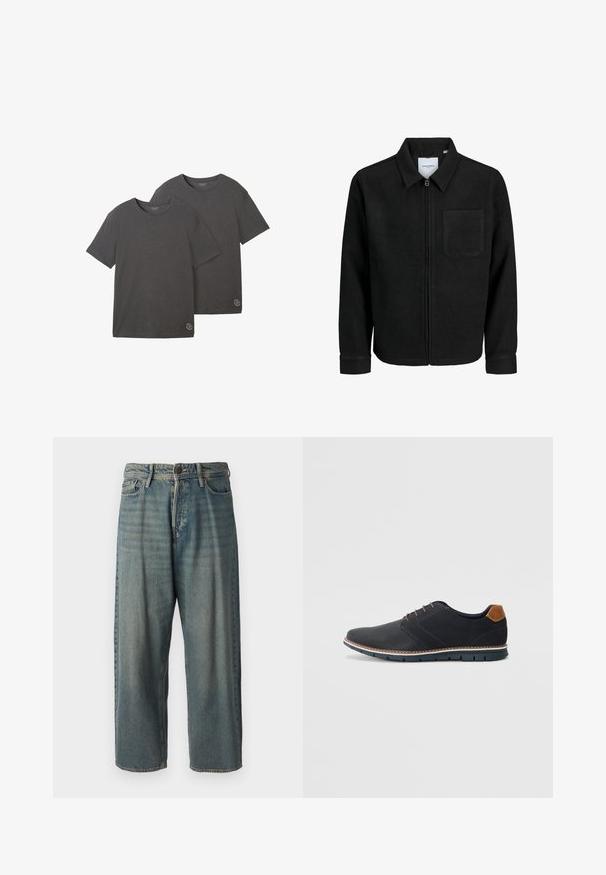 Black zip-up jacket with collar and single chest pocket, displayed on white background.; Two short-sleeve t-shirts in charcoal gray, made from soft cotton blend, featuring a crewneck and a small logo detail at the hem.; Light blue denim jeans with a loose fit, mid-rise waist, and straight legs. Features five pockets, belt loops, and a button closure.; Black synthetic shoes with a textured upper, smooth accents, brown heel, and a contrasting sole. Features minimal lacing and stitch details.