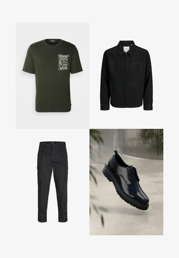 Musta vetoketjullinen takki, jossa on kaulus ja yksi rintatasku, esitelty valkoista taustaa vasten.; Musta vihreä puuvillapaita, jossa on pyöreä kaula-aukko, lyhyet hihat ja vasemmassa rinnassa oleva valkoinen graafinen kuvio, jossa on abstrakteja elementtejä.; Mustat cargo-housut, jotka on valmistettu kestävästä kankaasta. Housuissa on useita taskuja, nappisulku ja kapea istuvuus, jossa on kapenevat lahkeet.; Musta nahkakenkä, jossa on kiiltävä pinta, pyöreä kärki, nauhakiinnitys, kontrastiväriset saumat ja paksu kumipohja, jossa on profiilikuviot.