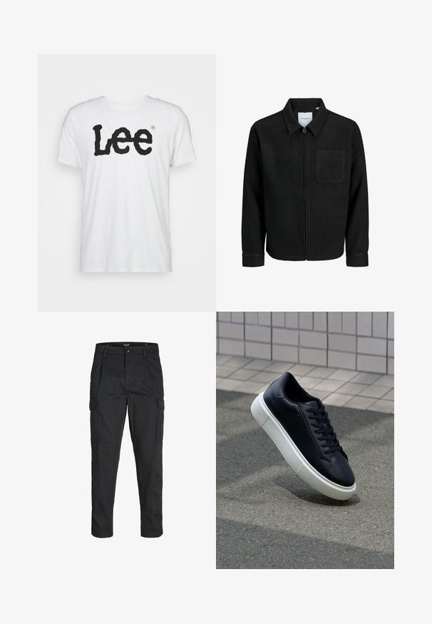 Melna jaka ar rāvējslēdzēju un apkakli, vienu krūšu kabatu, parādīta uz baltas fona.; Balta kokvilnas T-krekle ar lielu melnu "Lee" logotipu viļņveida fontā, kas atrodas krūšu daļā. Īsām piedurknēm un apaļas kakla dizains.; Melnas kravas bikses, izgatavotas no izturīga auduma, ar vairākiem kabatām, pogu aizdari un šaura piegriezuma dizainu ar sašaurinātiem kāju apakšiem.; Melnas ādas kedas ar noapaļotu pirkstu un baltu gumijas zoli. Iespējas - plakanas šņorītes un minimāla apdare augšdaļā. Struktūrēta zole, lai nodrošinātu saķeri.