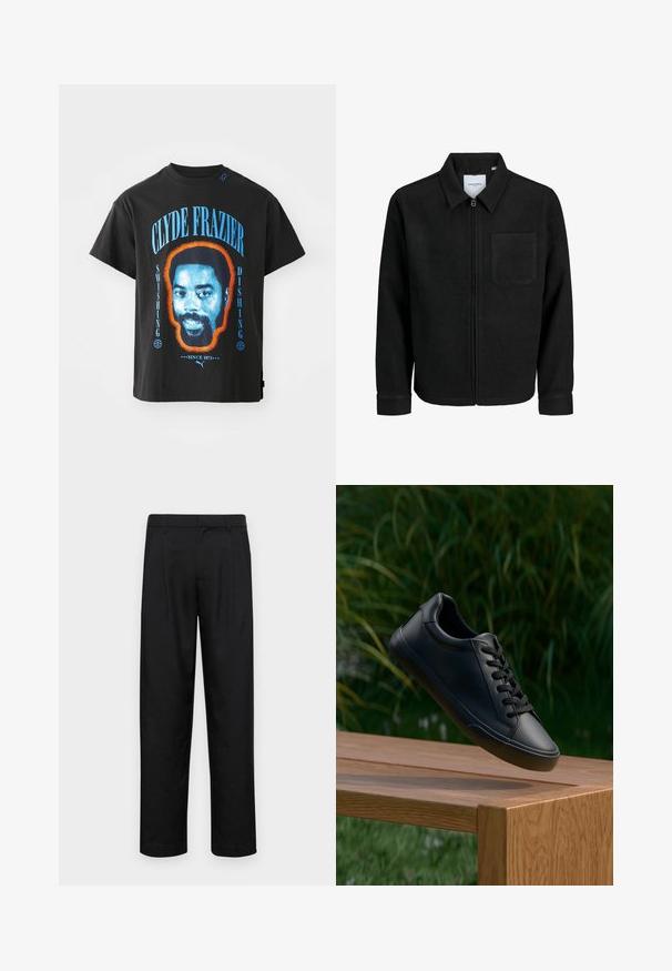 Črna jakna z zadrgo in ovratnikom ter enim žepom na prsih, prikazana na beli podlagi.; Črn bombažni T-maica z grafiko obraza Clydea Frazierja, obrisanega v oranžni barvi, s sivim tekstom "SWISHING" in "DISHING."; Črne hlače iz gladkega materiala, s krojem ravne noge, dvema sprednjima pregiboma in standardnim pasom z zankami za pas.; Črne usnjene superge z gladko teksturo, okroglo špicasto konico in ravnimi vezalkami, postavljene nad leseno površino z zeleno travo v ozadju.
