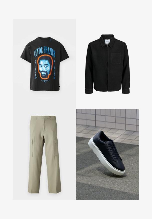 Schwarze Zip-Jacke mit Kragen und einer einzelnen Brusttasche, auf weißem Hintergrund präsentiert.; Schwarzes Baumwoll-T-Shirt mit einer Grafik des Gesichts von Clyde Frazier, umrandet in Orange, mit blauer Schrift, die "SWISHING" und "DISHING" liest.; Hellgrüne Cargo-Hose mit geradem Bein, ausgestattet mit Seitentaschen und einer glatten Stoffoberfläche. Rückansicht gezeigt.; Schwarze Leder-Sneaker mit runder Zehenpartie und weißer Gummisohle. Verfügt über flache Schnürsenkel und minimale Nähte im Obermaterial. Strukturiertes Sohlenprofil für besseren Halt.
