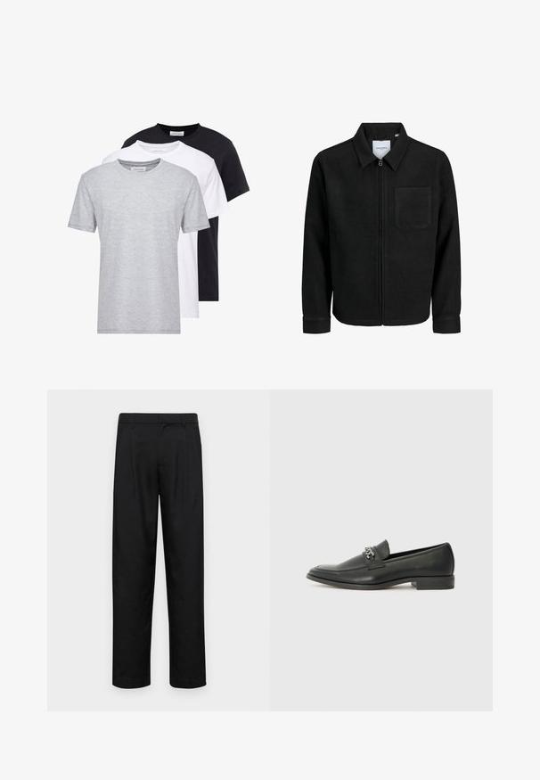 Giacca nera con zip, colletto e una tasca sul petto, mostrata su sfondo bianco.; Tre T-shirt girocollo in grigio, bianco e nero, con maniche corte, una texture morbida e un design a taglio dritto.; Pantaloni neri realizzati in tessuto liscio, caratterizzati da un taglio dritto, due pieghe frontali e una vita standard con passanti per la cintura.; Mocassino in pelle nera con finitura liscia, caratterizzato da un design cucito e da un accento decorativo in catena metallica sul vamp. Tacco piatto.