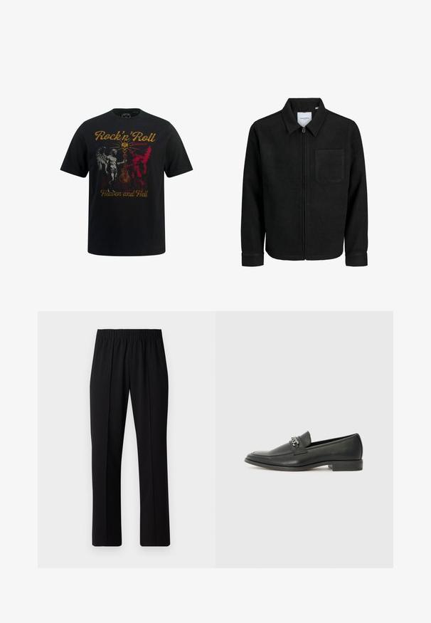 Schwarze Zip-Jacke mit Kragen und einer einzelnen Brusttasche, auf weißem Hintergrund präsentiert.; Schwarz Baumwoll-T-Shirt mit einem Grafikdesign, das kontrastierende rote und weiße Illustrationen von Engeln und Dämonen zeigt, mit "Rock'n'Roll Between Heaven and Hell."; Schwarze, Gummibund-Hosen mit geradem Schnitt, die eine glatte Textur aufweisen und keine sichtbaren Muster oder Beschläge haben.; Schwarzer Lederloafer mit glatter Oberfläche, ausgestattet mit einer gesteppten Gestaltung und einem dekorativen Metallkettendetail über dem Vorderblatt. Flacher Absatz.