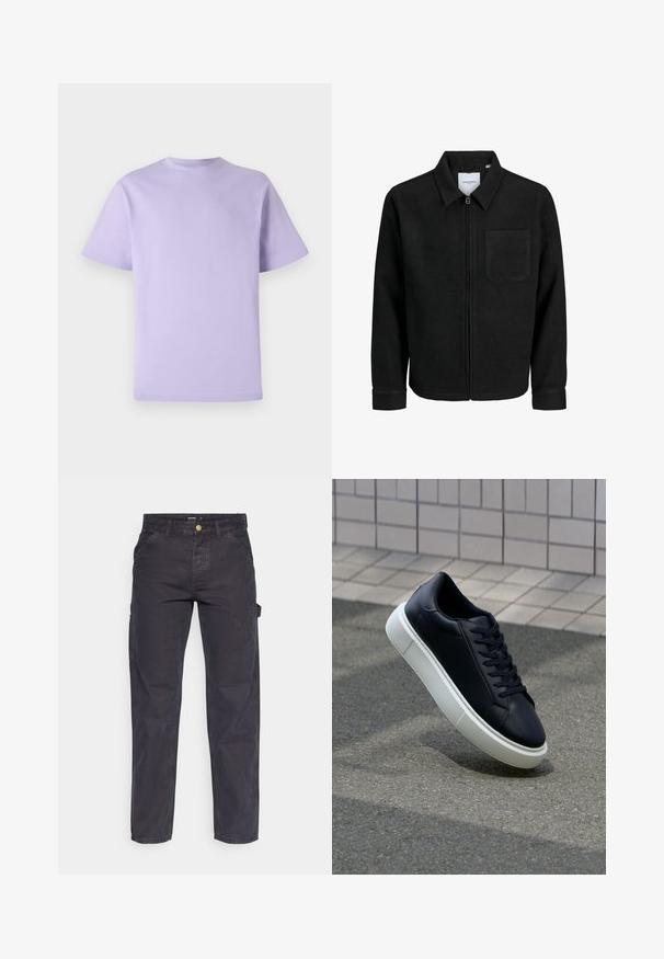 Mustaga lukuga jakker, millel on krae ja üks rinna-tasku, esitatud valgel taustal.; Lavendelvärvi puuvillane t-särk lühikeste käistega, ümmarguse kaelusega ja vabalt sadestuva lõikega. Sile tekstuur, ilma mustrite ja kaunistusteta.; Tumehallid cargo-püksid, mis on valmistatud vastupidavast kangast, sirge lõikega, viie tasku ja nupuga kinnitusega vööl.; Mustast nahast tennisetoss, millel on ümar nina ja valge kummist tall. Omab siredaid paelu ja minimaalset õmblemist ülemises osas. Tekstuuriga tald, mis tagab haakuvuse.