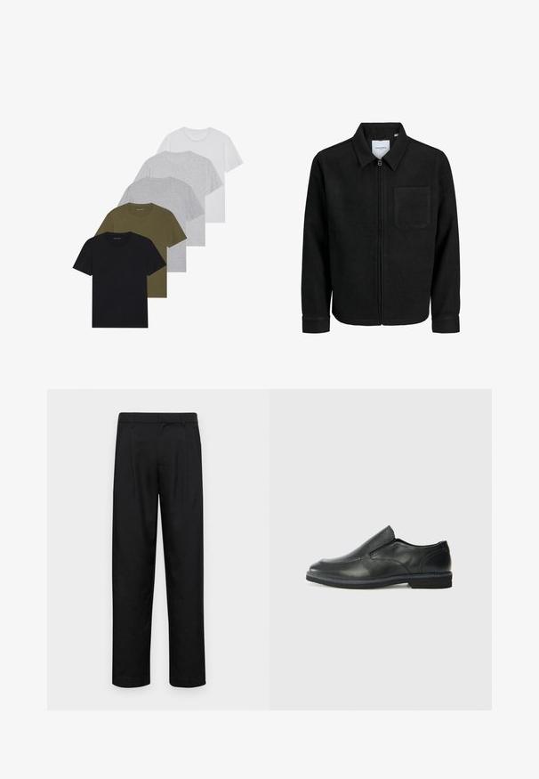 Fekete, zipzáros dzseki gallérral és egyetlen mellzsebbel, fehér háttéren.; Öt crew neck póló fekete, olíva, világosszürke, sötétszürke és fehér színben. Puha anyagból készült, rövid ujjú és laza szabással.; Fekete nadrág sima anyagból, egyenes szárú fazonnal, két elülső redővel és közönséges derékkal, övhurkokkal.; Fekete bőr, slip-on cipő sima felsőrésszel, varrott díszítéssel, lekerekített orral és alacsony gumitalppal. A talpa minimális bordázattal rendelkezik.