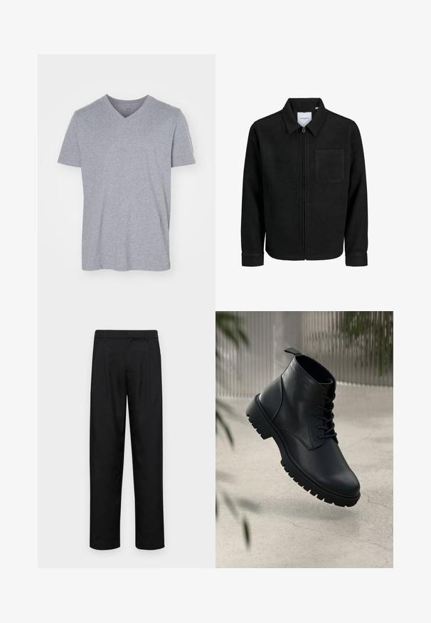 Čierna zipsová bunda s golierom a jednou náprsníkou, vystavená na bielom pozadí.; Sivá bavlnená tričko s V-štýlovým výstrihom, krátkymi rukávmi a uvoľneným strihom. Mäkko, ľahký materiál bez viditeľných vzorov alebo ozdôb.; Čierne nohavice vyrobené z hladkej tkaniny, s rovnými nohavicami, dvoma prednými skladmi a štandardným pásom s pútkami na opasok.; Čierne kožené členkové topánky s okrúhlou špicou, šnurovací dizajn a robustná gumová podrážka. Hladký povrch s pútkom na zadnej strane.