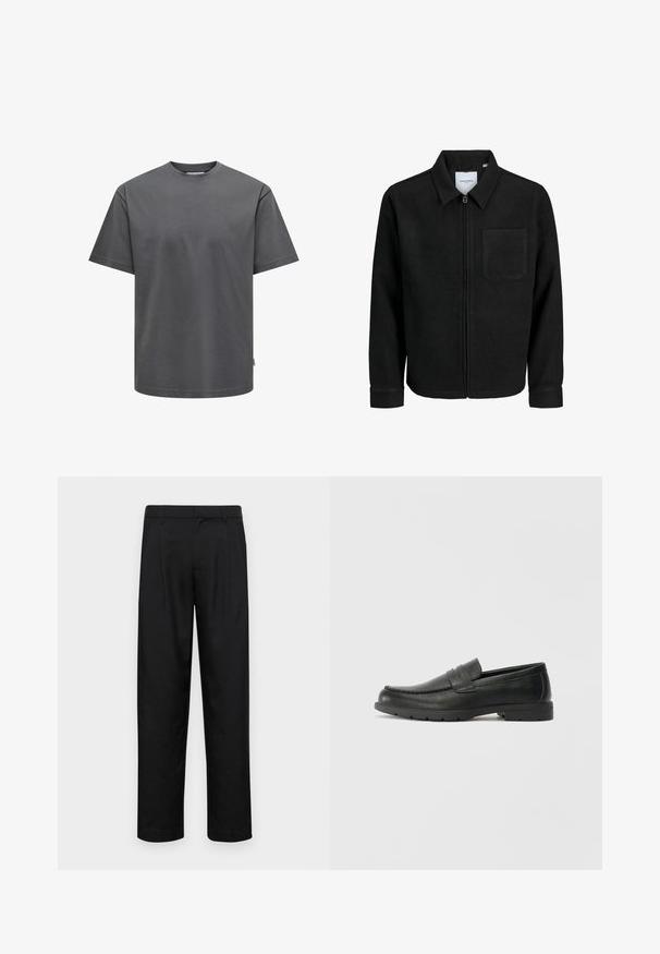 Sort lynlåsjakke med krave og en enkelt brystlomme, vist på hvid baggrund.; Grå bomulds t-shirt med rund halsudskæring og korte ærmer. Har en almindelig pasform og ensartet struktur uden synlige mønstre eller accenter.; Sorte bukser lavet af glat stof, med et lige ben-design, to frontfolder og en standard talje med bæltestropper.; Sorte læderslippers med en glat finish, mokkasin-stil overdel, syninger og gummisål. Klassisk design med en lav hæl.