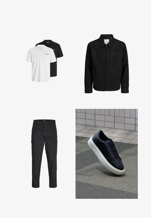 Sort lynlåsjakke med krave og en enkelt brystlomme, vist på hvid baggrund.; To korte polo-shirts med korte ærmer i sort og hvid, lavet af bomuld med en subtil struktureret overflade; har krave og logo-accent.; Sorte cargo-bukser lavet af slidstærkt stof, der har flere lommer, en knaplukning og et slim fit design med smalle ben.; Sort lædersneaker med rund tå og hvid gummisål. Har flade snørebånd og minimal syning på overdelen. Tekstureret sål for bedre greb.