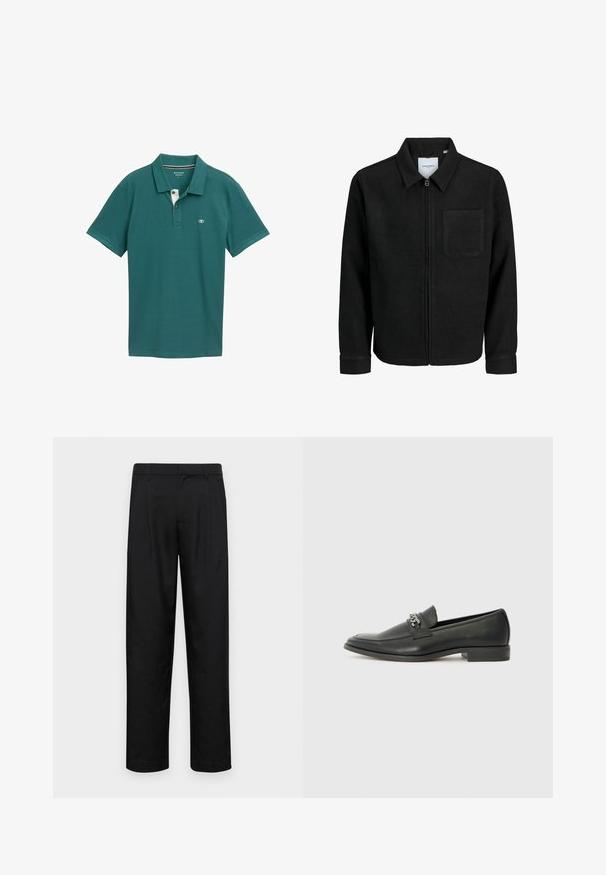 Jachetă neagră cu fermoar, cu guler și un singur buzunar pe piept, expusă pe fundal alb.; Tricou polo teal din material respirabil, cu un guler cu trei nasturi, mânecă scurtă și un logo subtil pe piept.; Pantaloni negri dintr-un material neted, cu un design drept, două pliuri frontale și un tiv standard cu bucle pentru curea.; Pantofii negri din piele cu un finisaj neted, având un design cusut și un accent decorativ de lanț metalic peste partea de sus. Toc plat.