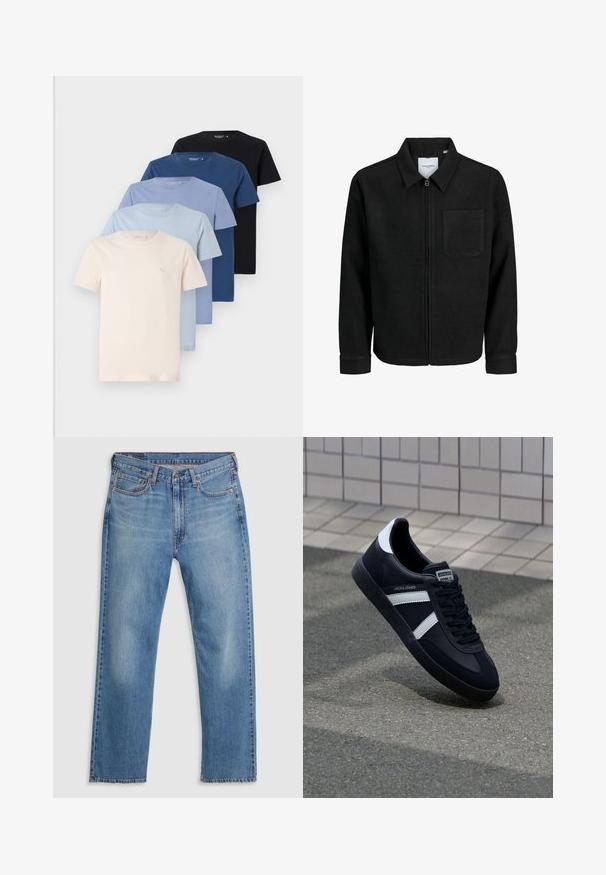 Schwarze Zip-Jacke mit Kragen und einer einzelnen Brusttasche, auf weißem Hintergrund präsentiert.; Kollektion von fünf Rundhalsausschnitt-T-Shirts in Cremetönen, Hellblau, Dunkelblau und Schwarz, aus weichem Baumwollmaterial, mit schlichtem Design.; Blaue gerade geschnittene Denim-Jeans mit vorne liegendem Knopf- und Reißverschluss, Gürtelschlaufen und Fünf-Taschen-Design auf weißem Hintergrund.; Schwarze Leder-Sneaker mit weißen Streifen, strukturiertem Gummisohle und Schnürung. Verfügt über ein Markenetikett auf der Zunge.