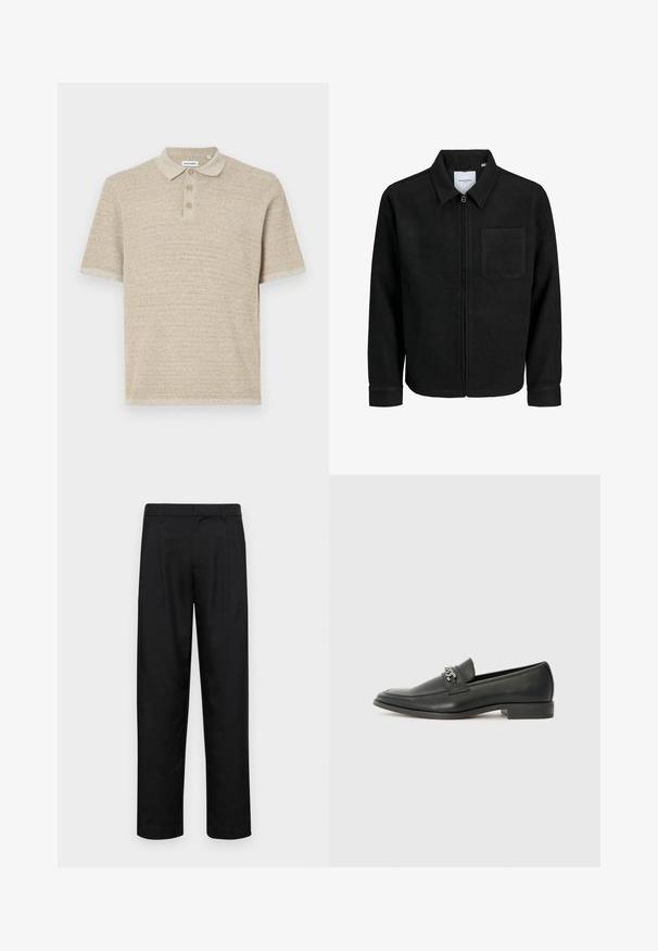 Črna jakna z zadrgo in ovratnikom ter enim žepom na prsih, prikazana na beli podlagi.; Bež majica polo, kratki rukavi, teksturirana pletenina, placket s tri gumba, klasičan ovratnik, suptilni uzorak, opušteni kroj.; Črne hlače iz gladkega materiala, s krojem ravne noge, dvema sprednjima pregiboma in standardnim pasom z zankami za pas.; Črni usnjeni loafer z gladko površino, ki ima šivano zasnovo in dekorativni kovinski verižni naglas preko vampirja. Ravno peto.