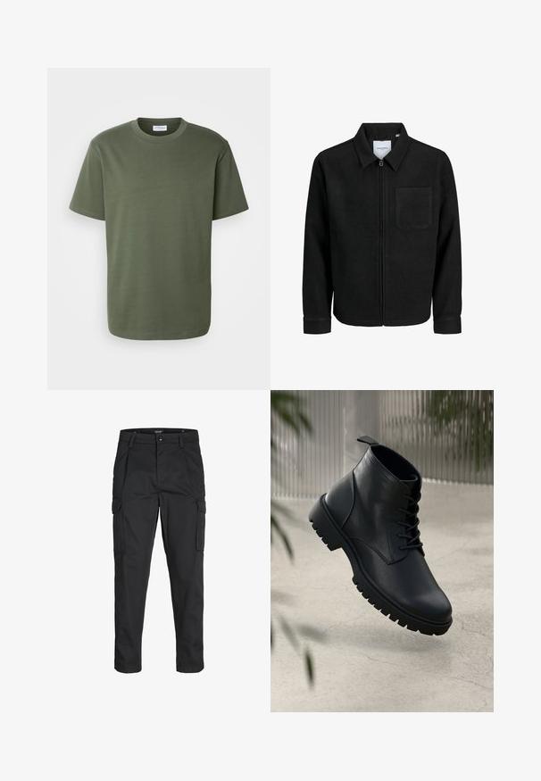 Černá zipová bunda s límečkem a jednou kapsou na hrudi, vystavená na bílém pozadí.; Lindbergh O NECK TEE OVERSIZE - Jednoduché tričko - olive; Černé cargo kalhoty vyrobené z odolné tkaniny, s mnoha kapsami, knoflíkovým zapínáním a slim fit střihem se zúženými nohavicemi.; Černé kožené kotníkové boty s kulatou špičkou, šněrovacím designem a robustní gumovou podrážkou. Hladký povrch s poutkem na zadní straně.