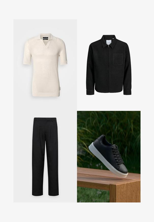 Giacca nera con zip, colletto e una tasca sul petto, mostrata su sfondo bianco.; Maglione corto a maniche corte in beige chiaro con scollo a V e colletto piatto. Realizzato in tessuto a maglia testurizzata, presenta un motivo sottile e un'etichetta laterale.; Pantaloni neri realizzati in tessuto liscio, caratterizzati da un taglio dritto, due pieghe frontali e una vita standard con passanti per la cintura.; Sneaker in pelle nera con una texture liscia, suola in gomma bianca e sei grommet per i lacci, posizionata su una superficie di legno.