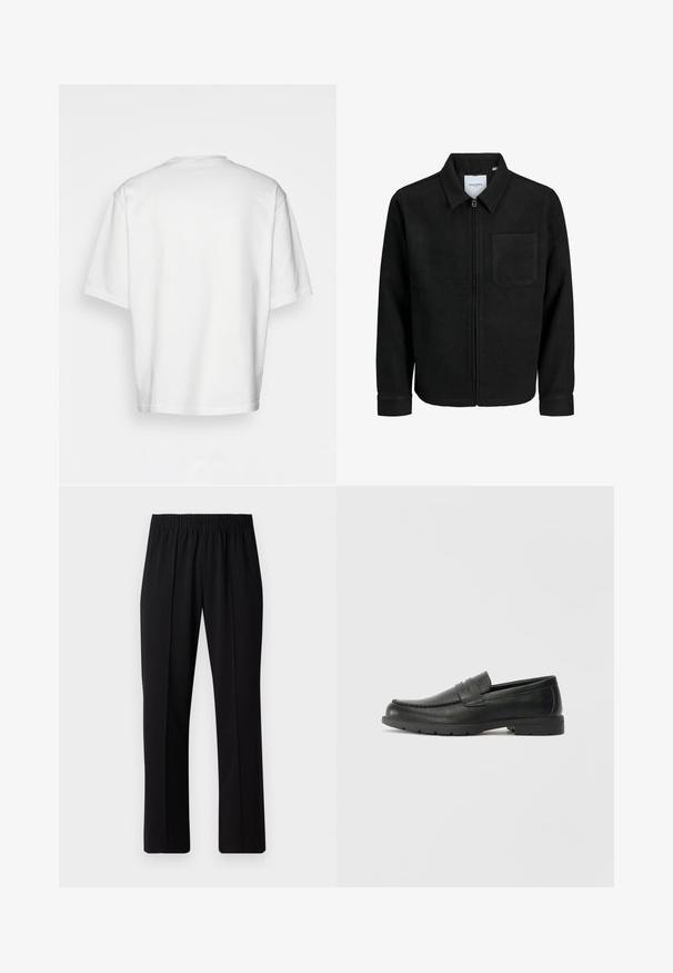 Melna jaka ar rāvējslēdzēju un apkakli, vienu krūšu kabatu, parādīta uz baltas fona.; Balta īsām piedurknēm T-krekls, brīvs piegriezums, apaļš kakla izgriezums, gluda kokvilnas auduma, vienkārša aizmugure, taisna apakšmala, bez rakstiem vai accentiem.; Melni elastīgi bikses ar taisnas kājas dizainu, ar gludu tekstūru un bez redzamām zīmēm vai detaļām.; Melnas ādas loafers ar gludu apdari, mokasīnu stila augšdaļu, šūtu detalizāciju un gumijas zoli. Klasisks dizains ar zemu papēdi.