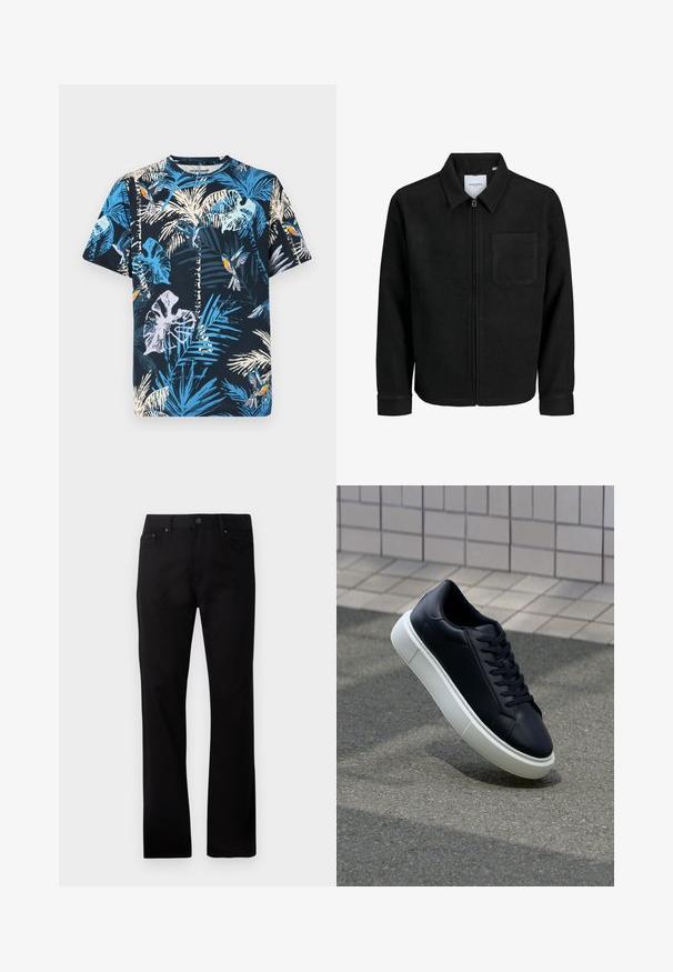 Sort lynlåsjakke med krave og en enkelt brystlomme, vist på hvid baggrund.; Kortærmet bomulds t-shirt med en marineblå baggrund og lyseblå og hvide palmeblad- og fuglemotiver. Rund hals og en afslappet pasform.; Sorte straight-leg jeans lavet af denim, med lukning foran med knap, to sidelommer og en glat overflade.; Sort lædersneaker med rund tå og hvid gummisål. Har flade snørebånd og minimal syning på overdelen. Tekstureret sål for bedre greb.