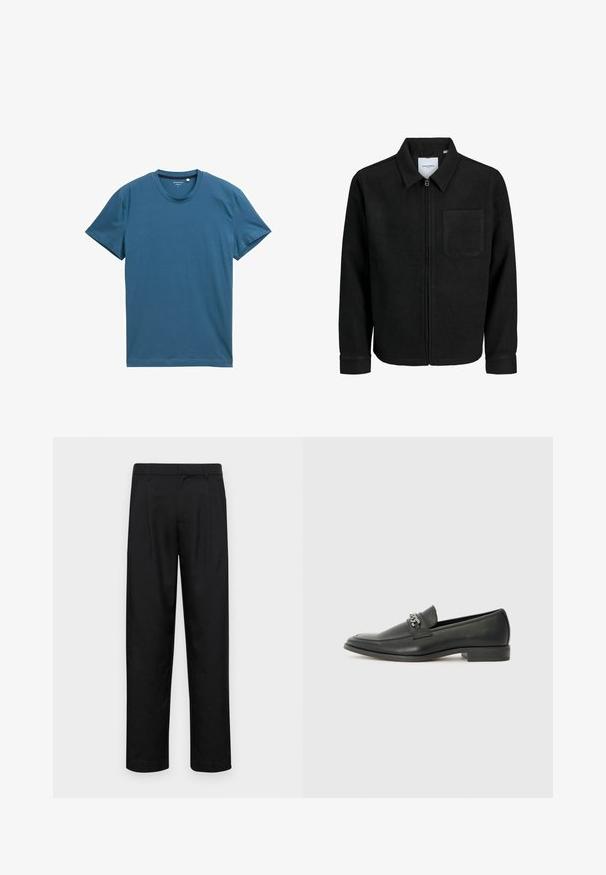 Černá zipová bunda s límečkem a jednou kapsou na hrudi, vystavená na bílém pozadí.; Krátký rukáv tričko v tmavě modré barvě, vyrobené z měkké bavlny. Má kulatý výstřih a hladkou, rovnoměrnou texturu s jednoduchými švy.; Černé kalhoty vyrobené z hladké látky, s rovnou nohavicí, dvěma předními sklady a standardním pasem se poutky na opasek.; Černé kožené mokasíny s hladkým povrchem, s prošívaným designem a dekoračním kovovým řetízkem přes nárt. Plochý podpatek.