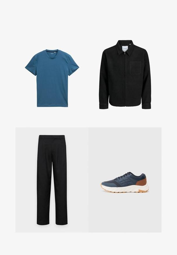 Sort lynlåsjakke med krave og en enkelt brystlomme, vist på hvid baggrund.; Kortærmet t-shirt i dyb teal, lavet af blød bomuld. Har en rund halsudskæring og en glat, jævn tekstur med enkle syninger.; Sorte bukser lavet af glat stof, med et lige ben-design, to frontfolder og en standard talje med bæltestropper.; Marinesk blue sportsko med en brun hælaccents, tekstureret mesh-overdel, polstret krave og hvid gummisål med et mønstret slidbane.