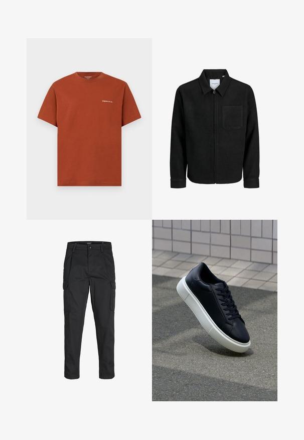 Sort lynlåsjakke med krave og en enkelt brystlomme, vist på hvid baggrund.; Kortærmet T-shirt i rustorange bomuld med rund hals og lille hvid "Originals" tekst på venstre brystområde.; Sorte cargo-bukser lavet af slidstærkt stof, der har flere lommer, en knaplukning og et slim fit design med smalle ben.; Sort lædersneaker med rund tå og hvid gummisål. Har flade snørebånd og minimal syning på overdelen. Tekstureret sål for bedre greb.