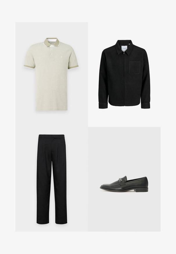 Schwarze Zip-Jacke mit Kragen und einer einzelnen Brusttasche, auf weißem Hintergrund präsentiert.; Hellbeige Poloshirt aus Baumwolle. Hat einen Kragen, eine Dreiknopf-Leiste und kontrastierende grüne Ärmel mit weißem Saum.; Schwarze Hose aus glattem Stoff, mit geradem Bein Design, zwei vorderen Falten und einem Standardbund mit Gürtelschlaufen.; Schwarzer Lederloafer mit glatter Oberfläche, ausgestattet mit einer gesteppten Gestaltung und einem dekorativen Metallkettendetail über dem Vorderblatt. Flacher Absatz.