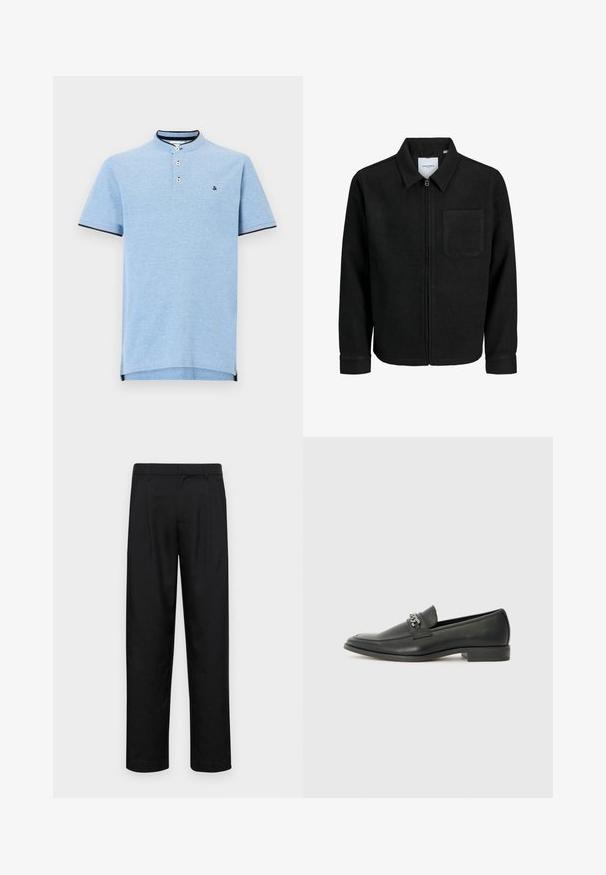 Black zip-up jacket with collar and single chest pocket, displayed on white background.; Light blue polo shirt with a high collar, two-button placket, and navy trim on sleeves and hem. Soft texture and minimal logo detail.; Black trousers made of smooth fabric, featuring a straight-leg design, two front pleats, and standard waistband with belt loops.; Black leather loafer with a smooth finish, featuring a stitched design and a decorative metal chain accent across the vamp. Flat heel.