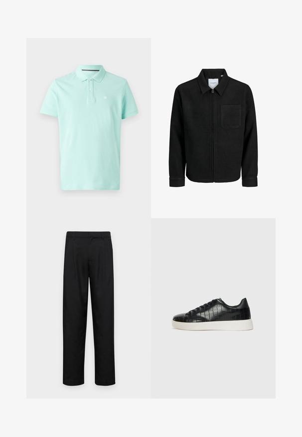 Čierna zipsová bunda s golierom a jednou náprsníkou, vystavená na bielom pozadí.; Svetlo mentolová polokošeľa vyrobená z mäkkého bavlneného materiálu, s klasickým golierom, dvojitým gombíkom a malým logom na ľavej strane hrudníka.; Čierne nohavice vyrobené z hladkej tkaniny, s rovnými nohavicami, dvoma prednými skladmi a štandardným pásom s pútkami na opasok.; Čierne tenisky s textúrovaným kroko-embosovaným koženým zvrškom, zaoblenou špičkou a kontrastnou bielou gumovou podrážkou s hladkým povrchom.