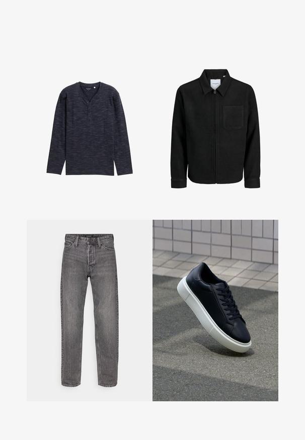 Zwarte zip-up jas met kraag en enkele borstzak, weergegeven op een witte achtergrond.; Donkerblauwe henley-shirt met lange mouwen en een textuurpatroon, voorzien van een V-hals en een drie-knopen placket. Zachte stof.; Grijze denim jeans met een rechte snit, vijf zakken en een licht versleten textuur. Voorzien van een gemerkte tailleband met standaardhardware.; Zwarte leren sneaker met een ronde neus en een witte rubberen zool. Voorzien van platte veters en minimale stiksels op het bovenwerk. Textuurrijke zool voor grip.