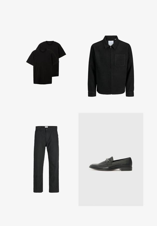 Czarna kurtka z zamkiem na całej długości, z kołnierzem i jedną kieszenią na piersi, umieszczona na białym tle.; Czarne t-shirty bawełniane, okrągły dekolt, krótkie rękawy, luźny krój, z małym logo po lewej stronie u dołu, sprzedawane w zestawie dwóch sztuk.; Czarne spodnie wykonane z trwałego materiału, z prostym krojem nóg, przeszyciami i dwiema przednimi kieszeniami dla funkcjonalności.; Czarne skórzane mokasyny o gładkim wykończeniu, z haftowanym wzorem i dekoracyjnym akcentem z metalowego łańcucha na wierzchu. Płaska pięta.