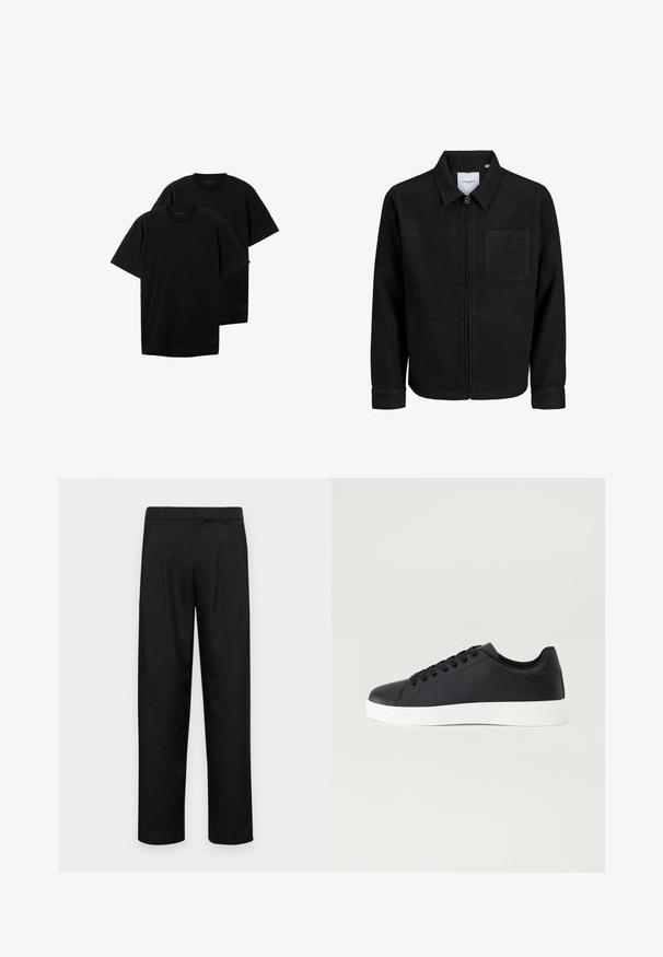 Čierna zipsová bunda s golierom a jednou náprsníkou, vystavená na bielom pozadí.; Čierne bavlnené tričká, s okrúhlym výstrihom, krátkymi rukávmi a uvoľneným strihom, s malým logom v dolnom ľavom rohu, predávané v sade po dve.; Čierne nohavice vyrobené z hladkej tkaniny, s rovnými nohavicami, dvoma prednými skladmi a štandardným pásom s pútkami na opasok.; Pier One Tenisky - black
