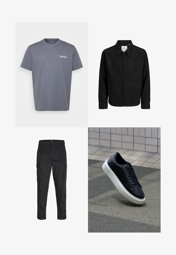 Čierna zipsová bunda s golierom a jednou náprsníkou, vystavená na bielom pozadí.; Šedé bavlnené tričko s krátkymi rukávmi, okrúhlym výstrihom a malým bielym logom "ORIGINALS" na ľavej hrudi. Hladká textúra, klasický strih.; Čierne cargo nohavice z odolnej látky, s viacerými vreckami, gombíkovým zapínaním a úzkym strihom so zúženými nohavicami.; Čierne kožené tenisky s okrúhlou špičkou a bielou gumovou podrážkou. Majú ploché šnúrky a minimálne šitie na vrchu. Textúrovaná podrážka pre lepšiu priľnavosť.