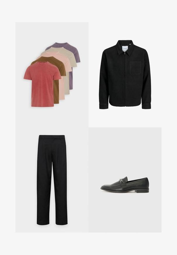 Black zip-up jacket with collar and single chest pocket, displayed on white background.; Set of five short-sleeve cotton t-shirts in varying muted colors: red, brown, pink, beige, and purple. Each features a crew neckline.; Black trousers made of smooth fabric, featuring a straight-leg design, two front pleats, and standard waistband with belt loops.; Black leather loafer with a smooth finish, featuring a stitched design and a decorative metal chain accent across the vamp. Flat heel.