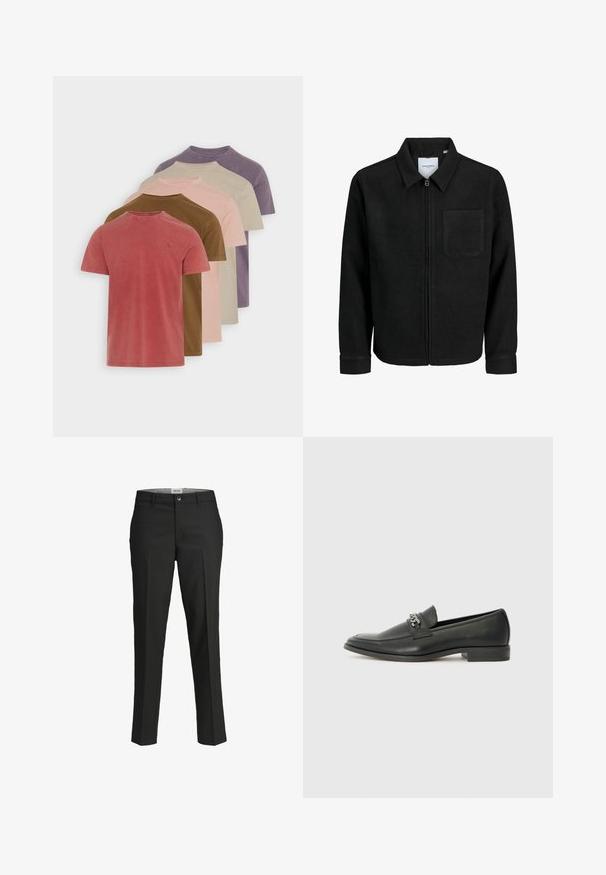 Svart zip-jacka med krage och en enda bröstficka, visad på vit bakgrund.; Set av fem kortärmade bomullströjor i olika dämpade färger: röd, brun, rosa, beige och lila. Varje tröja har en rundad halsringning.; Svarta byxor, skräddarsydd passform, slätt tyg, medelhög midja, framknäppning, diagonala fickor och veckdetaljering längs benen.; Svart läderloafers med en slät yta, med en sydd design och en dekorativ metallkedjeaccent över västen. Platt häldesign.