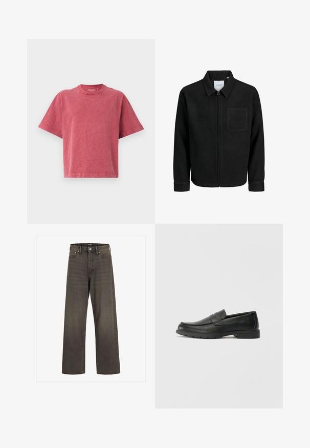 Čierna zipsová bunda s golierom a jednou náprsníkou, vystavená na bielom pozadí.; Červené bavlnené tričko s okrúhlym výstrihom, krátkymi rukávmi a voľným strihom. Má mäkký, mierne textúrovaný povrch.; Džínsy s širokými nohavicami v tmavošedej džínsovine, s vysokým pásom, klasickým dizajnom s piatimi vreckami a kontrastným šitím pozdĺž švov.; Čierne kožené mokasíny s hladkým povrchom, vrchnou časťou v štýle mokasín, prešitým detailom a gumovou podrážkou. Klasický dizajn s nízkym podpätkom.
