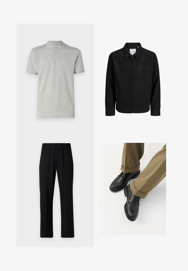 Schwarze Zip-Jacke mit Kragen und einer einzelnen Brusttasche, auf weißem Hintergrund präsentiert.; GAP Poloshirt - heather grey; Schwarze, Gummibund-Hosen mit geradem Schnitt, die eine glatte Textur aufweisen und keine sichtbaren Muster oder Beschläge haben.; Schwarze Lederschuhe mit glatter Oberfläche, versehen mit Schnürsenkeln und einer runden Zehenpartie, kombiniert mit hochgekrempelten khakifarbenen Hosen.