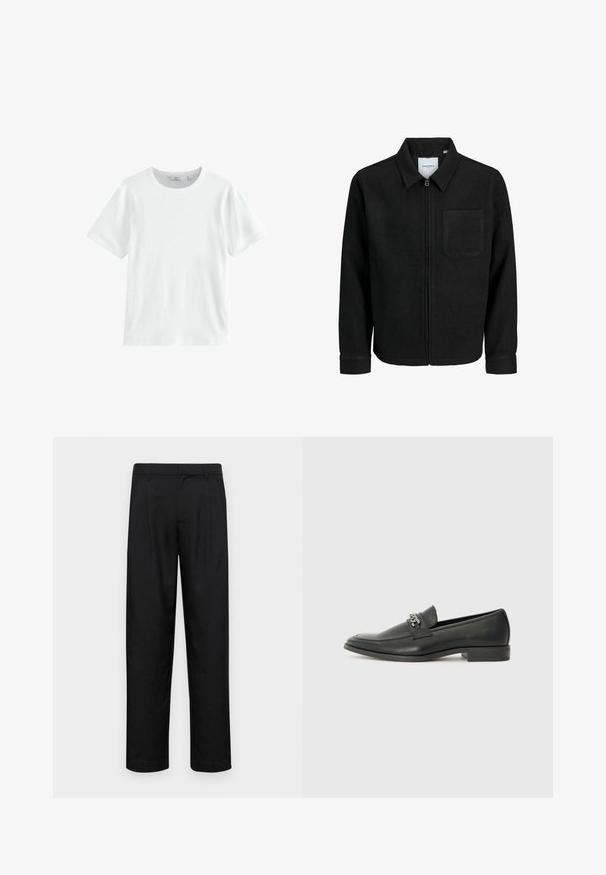 Juodas džemperis su užtrauktuku, apykakle ir vienu krūtiniu kišenėje, pristatytas baltame fone.; Balti medvilninė marškinėliai trumpomis rankovėmis, su apvalia iškirpte ir rausviu audiniu. Paprastas dizainas, tinkantis kasdieniam dėvėjimui. Nėra matomų raštų ar akcentų.; Juodi kelnių modeliai, pagaminti iš lygios medžiagos, turi tiesią kojas, du priekiniai klostės ir standartinę juosmenį su diržo kilpomis.; Juodos odinės loafer tipo bateliai su lygiu paviršiumi, turintys siuvinėtą dizainą ir dekoratyvų metalo grandinėlės akcentą ant batų viršaus. Plokščias kulnas.