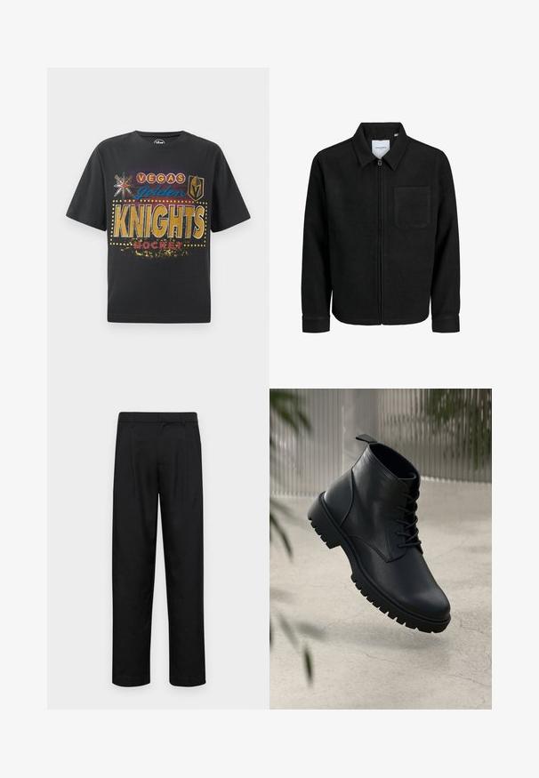 Svart zip-jacka med krage och en enda bröstficka, visad på vit bakgrund.; Svart bomull T-shirt med tryck av "Vegas Golden Knights Hockey" i guld, blått och rött, med stjärn- och sköldikoner samt prickade accenter.; Svarta byxor i slät väv, med rak ben-design, två framfickor och standardmidja med bälteshällor.; Svarta läderankelboots med rund tå, snörningsdesign och robust gummisula. Slät yta med dragflik bak.