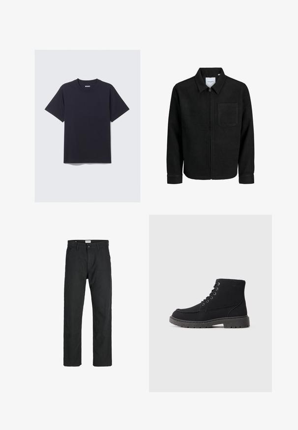 Sort lynlåsjakke med krave og en enkelt brystlomme, vist på hvid baggrund.; Sort bomulds T-shirt med rund hals, korte ærmer og en afslappet pasform. Har et simpelt design uden mønstre eller synligt hardware.; Sorte bukser lavet af holdbart stof, med en lige pasform, syede detaljer og to forlommer for funktionalitet.; Sorte ankelstøvler lavet af struktureret materiale med flad sål, rund tå og seks hulrums snøring. Forstærket syning langs kanten.