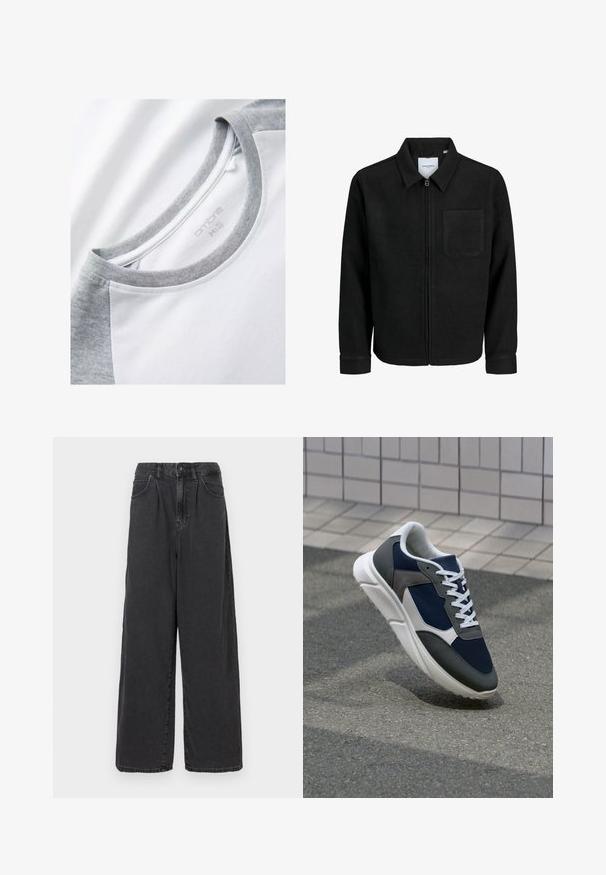 Svart zip-jacka med krage och en enda bröstficka, visad på vit bakgrund.; Kortärmad T-shirt med vit kropp och grå raglanärmar. Rund halsringning med en mjuk, slät textur. Varumärkesetikett synlig.; Breda byxor i hög midja av svart denim med knapp och dragkedja fram, utrustade med sidofickor och en slät yta.; Sko med överdel i marinblå mesh, grå mockadetaljer, vit gummisula och platta vita snören, designad för komfort och andningsförmåga.