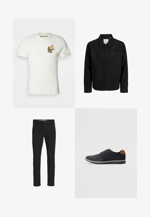 Crna jakna na zip s ovratnikom i jednim džepom na prsima, prikazana na bijeloj pozadini.; Bijela pamučna majica kratkih rukava s šarenim grafičkim prikazom plamena, lubanje, ključa i ruže na lijevom dijelu prsnog koša.; Crne hlače od pamuka sa slim fit krojem, s kopčanjem na dugme, džepovima i zavrnutim rukavima za ležeran izgled.; Crne sintetičke cipele s teksturiranim gornjim dijelom, glatkim akcentima, smešnim petom i kontrastnom potplatom. Imaju minimalne vezice i detalje šivanja.