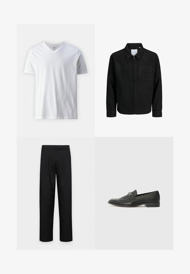 Jachetă neagră cu fermoar, cu guler și un singur buzunar pe piept, expusă pe fundal alb.; Tricou alb cu mânecă scurtă și decolteu în V, fabricat din bumbac. Prezintă un design simplu, cu o textură fină și o croială lejeră.; Pantaloni negri dintr-un material neted, cu un design drept, două pliuri frontale și un tiv standard cu bucle pentru curea.; Pantofii negri din piele cu un finisaj neted, având un design cusut și un accent decorativ de lanț metalic peste partea de sus. Toc plat.