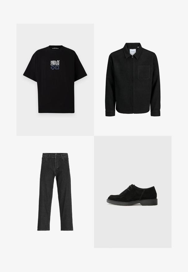 Musta vetoketjullinen takki, jossa on kaulus ja yksi rintatasku, esitelty valkoista taustaa vasten.; Musta t-paita, joka on valmistettu puuvillasta ja on löysästä mallista. Siinä on valkoisella ja sinisellä painettu graafinen printti, jossa on teksti "REPLAY MARTIN GATRIX" ja symboleita.; Mustat denimit, joissa on suora lahkeidesign, varustettu vetoketjulla, vyölenkeillä ja kuudella taskulla, valmistettu tukevasta puuvillasekoitekangasta.; Musta mokkanahkakengät pyöreällä varvalla, kontrastivärillä ommeltuna ja kumipohjalla. Ominaisuuksiin kuuluu vähäinen nauhoitus ja sileä yläosa.