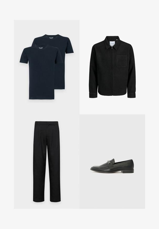 Zwarte zip-up jas met kraag en enkele borstzak, weergegeven op een witte achtergrond.; Twee marineblauwe t-shirts met korte mouwen van gladde katoen, met een ronde hals en een eenvoudig, effen kleurontwerp.; Zwarte broeken van gladde stof, met een recht model, twee voorknikken en een standaard tailleband met riemlussen.; Zwarte leren instapper met een gladde afwerking, voorzien van een gestikt ontwerp en een decoratieve metalen kettingaccent over de wreef. Platte hak.