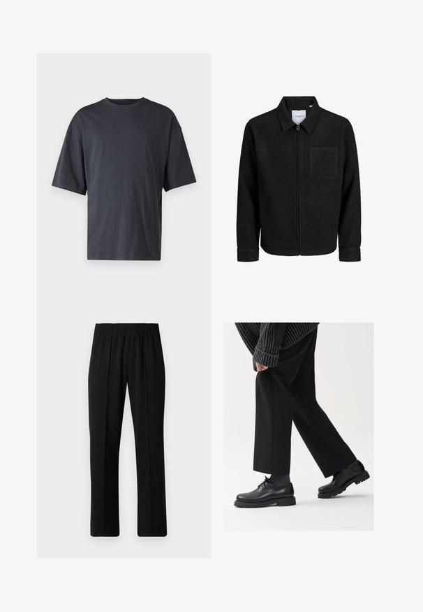 Schwarze Zip-Jacke mit Kragen und einer einzelnen Brusttasche, auf weißem Hintergrund präsentiert.; Dunkelgraues Kurzarm-T-Shirt aus leichtem Baumwollmaterial, mit lockerer Passform und klassischem Rundhalsausschnitt, in einfarbigem Design ohne Muster.; Schwarze, Gummibund-Hosen mit geradem Schnitt, die eine glatte Textur aufweisen und keine sichtbaren Muster oder Beschläge haben.; Schwarze Lederschuhe mit einer runden Spitze, Schnürdesign und dicker, strukturierter Sohle. Getragen mit maßgeschneiderten schwarzen Hosen und einem gerippten Pullover.