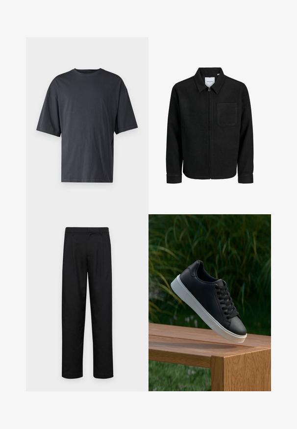 Zwarte zip-up jas met kraag en enkele borstzak, weergegeven op een witte achtergrond.; Donkergrijs T-shirt met korte mouwen, gemaakt van lichtgewicht katoen, met een losse pasvorm en een klassieke ronde hals, met een effen textuur en zonder patronen.; Zwarte broeken van gladde stof, met een recht model, twee voorknikken en een standaard tailleband met riemlussen.; Zwarte leren sneaker met een gladde textuur, witte rubberen zool en zes oogjes voor veter, weergegeven op een houten oppervlak.