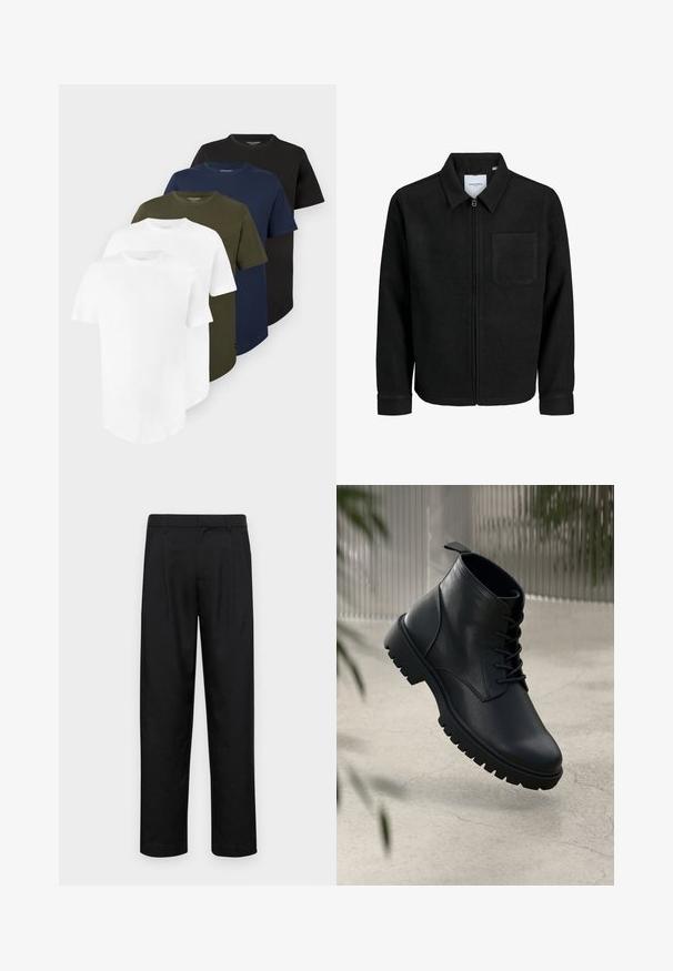 Czarna kurtka z zamkiem na całej długości, z kołnierzem i jedną kieszenią na piersi, umieszczona na białym tle.; Pięć prostych koszulek z krótkim rękawem i okrągłym dekoltem w kolorach białym, oliwkowozielonym, granatowym i czarnym, ułożonych w warstwową stos.; Czarne spodnie wykonane z gładkiego materiału, z prostą nogawką, dwoma fałdami z przodu oraz standardowym paskiem z wypustkami na pasek.; Czarne skórzane botki na kostkę z okrągłym noskiem, sznurowanym zapięciem i solidną gumową podeszwą. Gładka struktura z pętelką z tyłu.