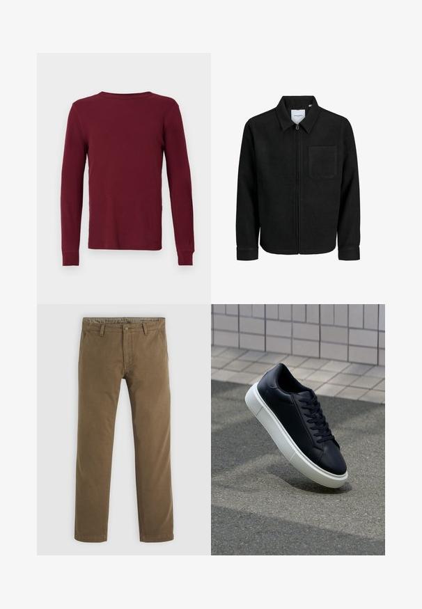 Juodas džemperis su užtrauktuku, apykakle ir vienu krūtiniu kišenėje, pristatytas baltame fone.; Ilgų rankovių, pūkuotas marškinys gilios burgundiškos spalvos, su apvaliomis apykaklėmis ir priglundančiomis rankovėmis. Lygus tekstūra, be matomų raštų ar akcentų.; Chaki spalvos medvilninės kelnės su tiesiu sijonu, turinčios knopkę, dvi priekines kišenes ir lygią tekstūrą.; Juodas odinis sportbačius su apvaliu pirštu ir baltu gumuotu padu. Turi plokščias raišteles ir minimalų siuvimą viršuje. Padangos tekstūra užtikrina sukibimą.