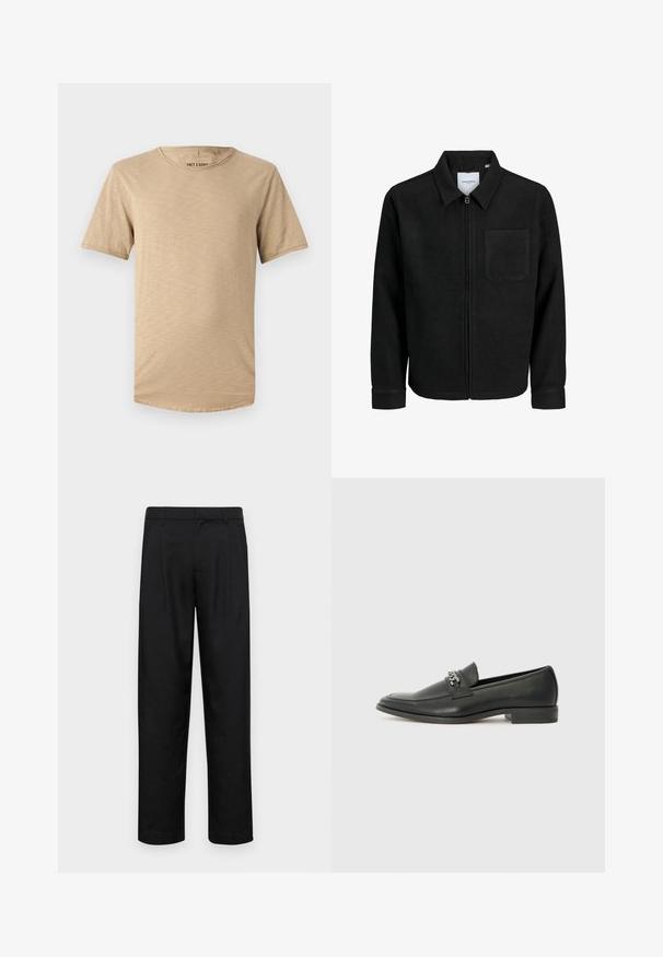 Black zip-up jacket with collar and single chest pocket, displayed on white background.; Beige short-sleeve t-shirt made of soft fabric. Features a round neckline and a lightly textured surface with a curved hem.; Black trousers made of smooth fabric, featuring a straight-leg design, two front pleats, and standard waistband with belt loops.; Black leather loafer with a smooth finish, featuring a stitched design and a decorative metal chain accent across the vamp. Flat heel.