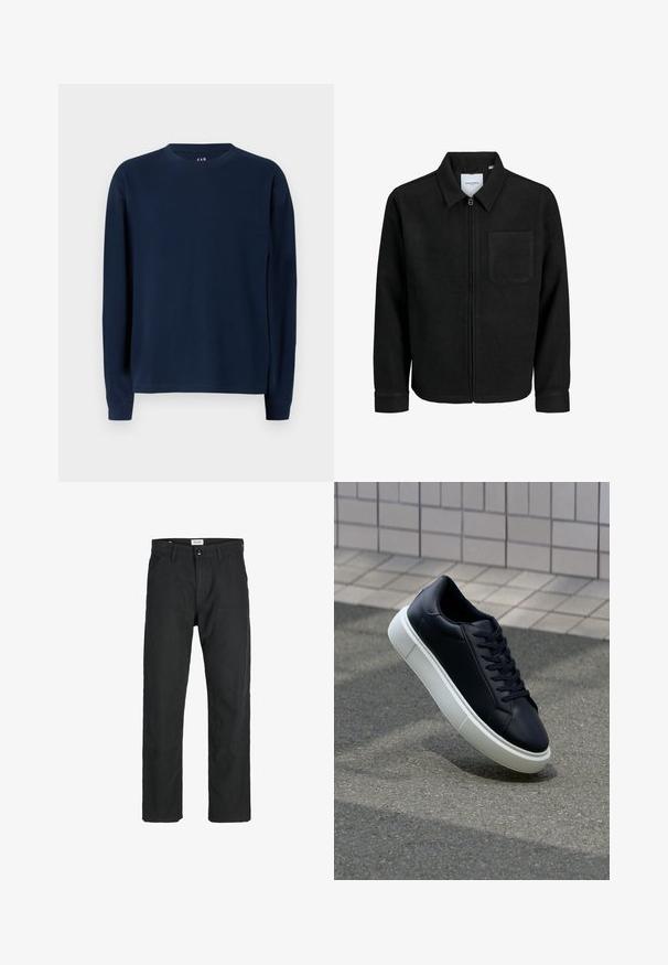 Černá zipová bunda s límečkem a jednou kapsou na hrudi, vystavená na bílém pozadí.; Námořnická modrá mikina s dlouhým rukávem a kulatým výstřihem, v ribované textuře, se střihom rovného tvaru a vyztuženými švy, s klasickým designem.; Černé kalhoty vyrobené z odolné tkaniny, s rovnými nohavicemi, šitými akcenty a dvěma předními kapsami pro praktičnost.; Černé kožené tenisky s kulatou špičkou a bílou gumovou podrážkou. mají ploché tkaničky a minimální šití na svršku. Texturovaná podrážka pro lepší přilnavost.