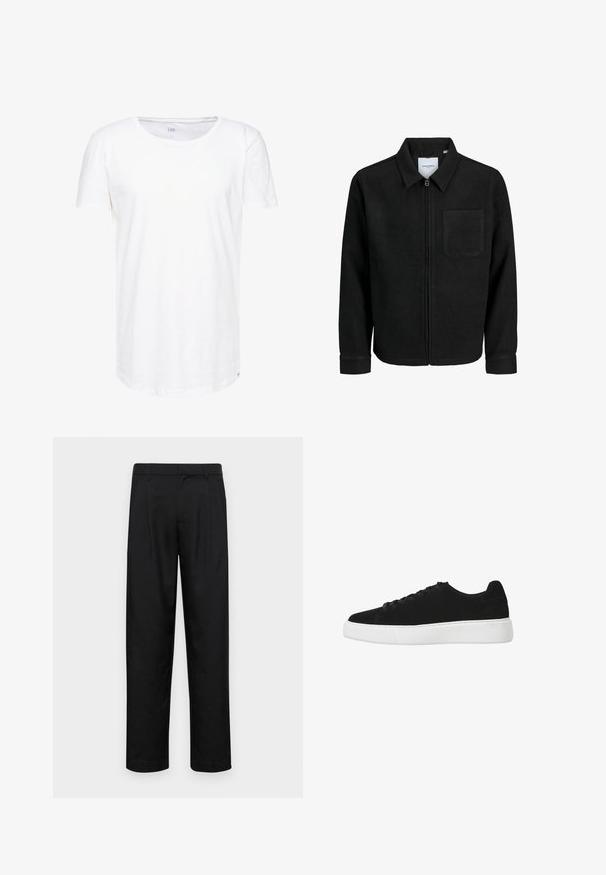 Sort lynlåsjakke med krave og en enkelt brystlomme, vist på hvid baggrund.; Hvid, kortærmet t-shirt lavet af blødt bomuldsstof. Har en rund halsudskæring og en afslappet pasform med en diskret mærkeetiket på kanten.; Sorte bukser lavet af glat stof, med et lige ben-design, to frontfolder og en standard talje med bæltestropper.; Sorte ruskinds sneakers med rund tå, snørebånd foran og hvid gummisål. Enkel design med minimale detaljer og glat overflade.