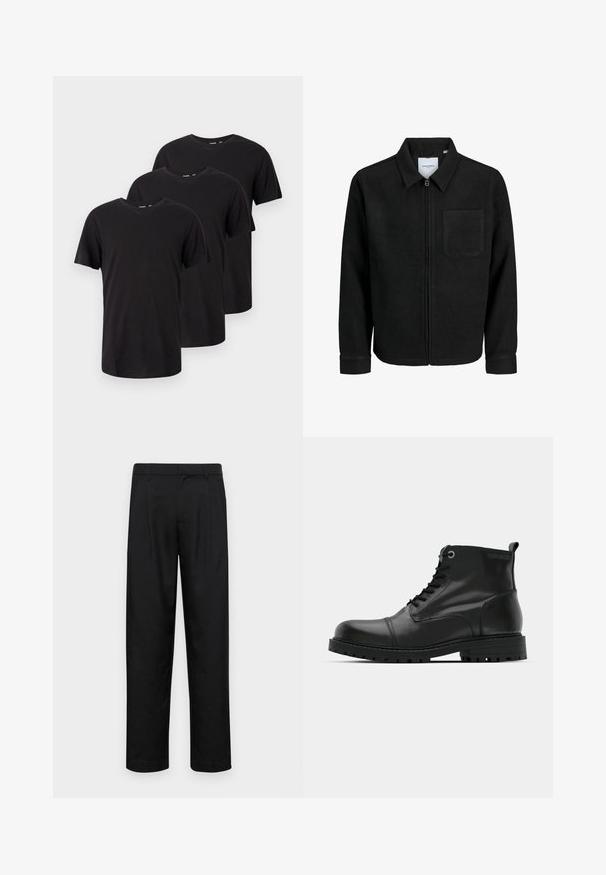 Mustaga lukuga jakker, millel on krae ja üks rinna-tasku, esitatud valgel taustal.; Kolm lihtsat musta lühikese varrukaga ümmarguse kaelusega T-särki, paigutatud valge taustal üksteisega kattuvasse järjekorda.; Mustad mustadest riietest, millel on sirge jalgade disain, kaks eesmist voltimist ja tavaline vöökoht, millel on vöökohad.; Mustad mustad naha pahklu kõrged saapad, ümmarguse varbaga, nöörimise disainiga, kontrastsete hallide silmadega ja tugeva kummist välispõhjaga. Sile tekstuur minimaalse aktsentidega.